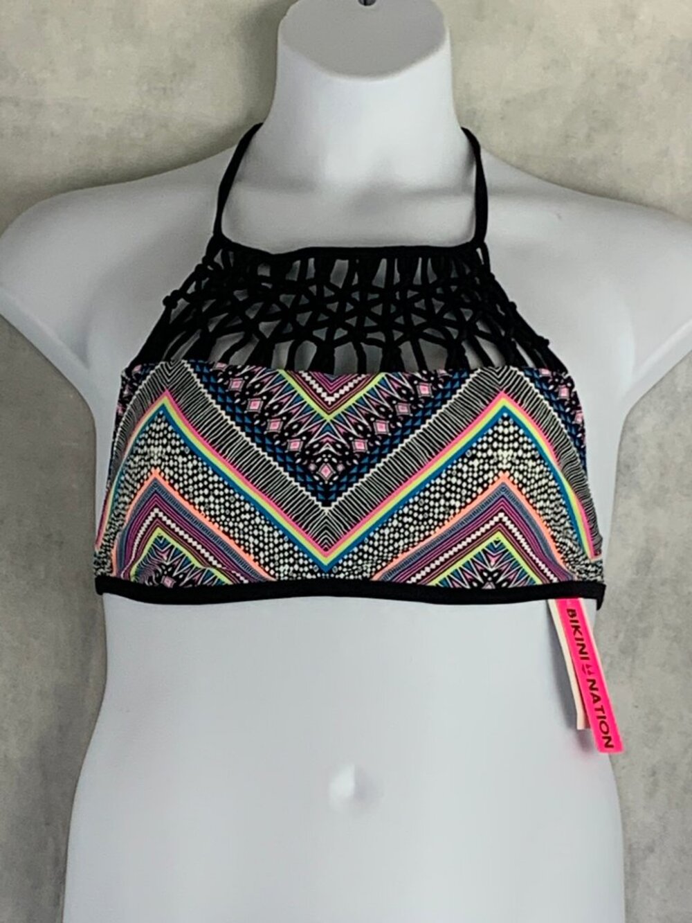 Bikini Nation Juniors Lattice Halter Bikini Swim Top, Colorful Multi, Large